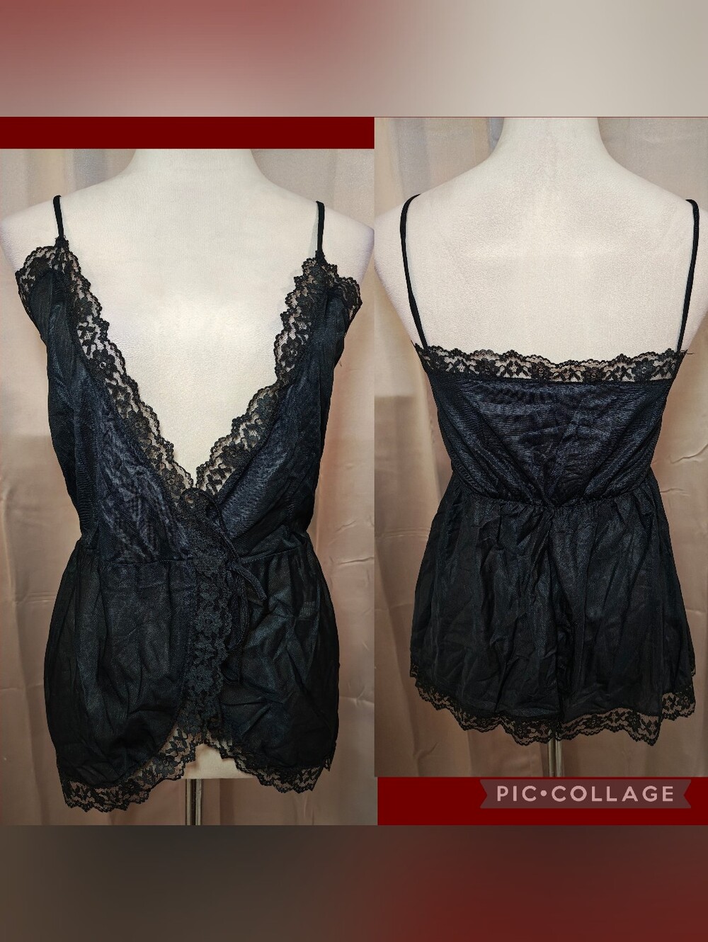 🔥Vintage 70s JCPenney Black Nylon & Lace Front Wrap Lingerie Cami Top🔥